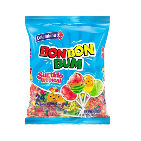 Bon Bon Bum Lollipop with gum Mixed Tropical Flavours Colombina Pack of 24 (456g)